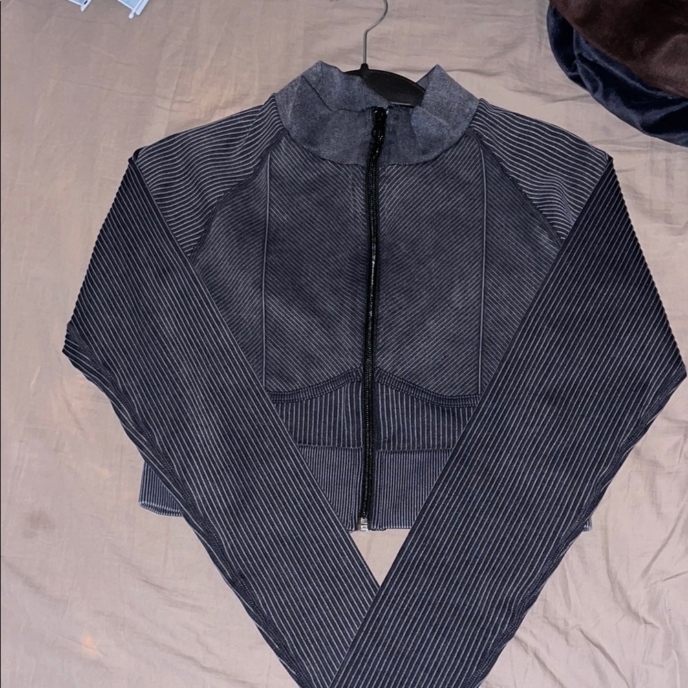New Striped Black and Gray Crop Zip-Up Jacket